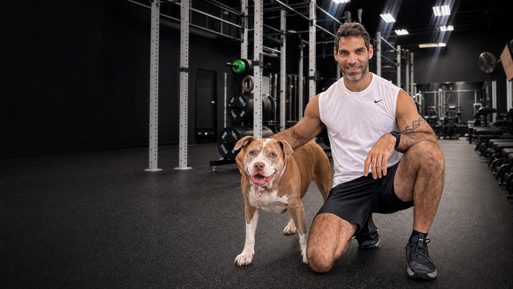 Andrés Danelutto, fundador de NEXO Functional Bodybuilding en San Francisco Panamá, junto a su perro dentro del gimnasio.
