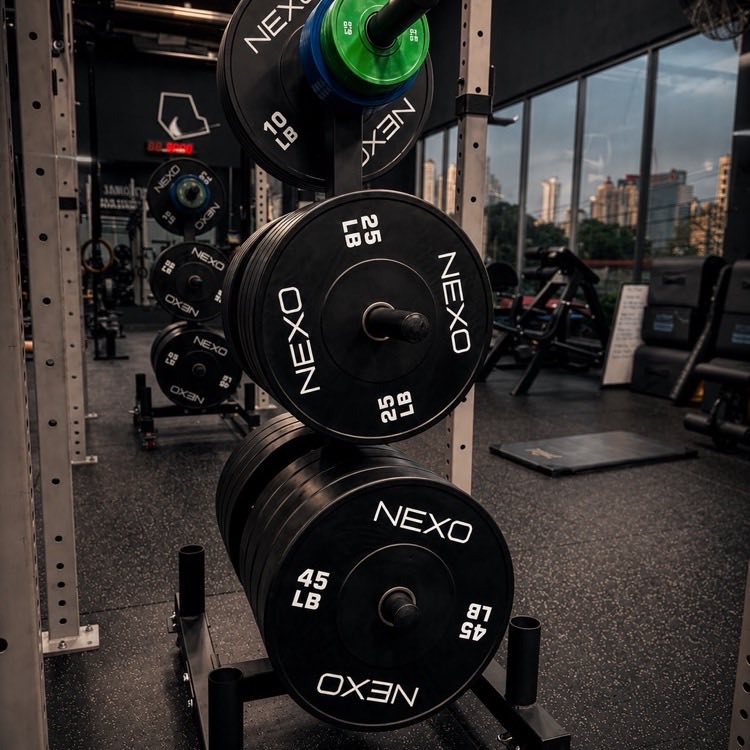 Discos olímpicos NEXO ordenados en rack, equipamiento de fuerza en NEXO Functional Bodybuilding