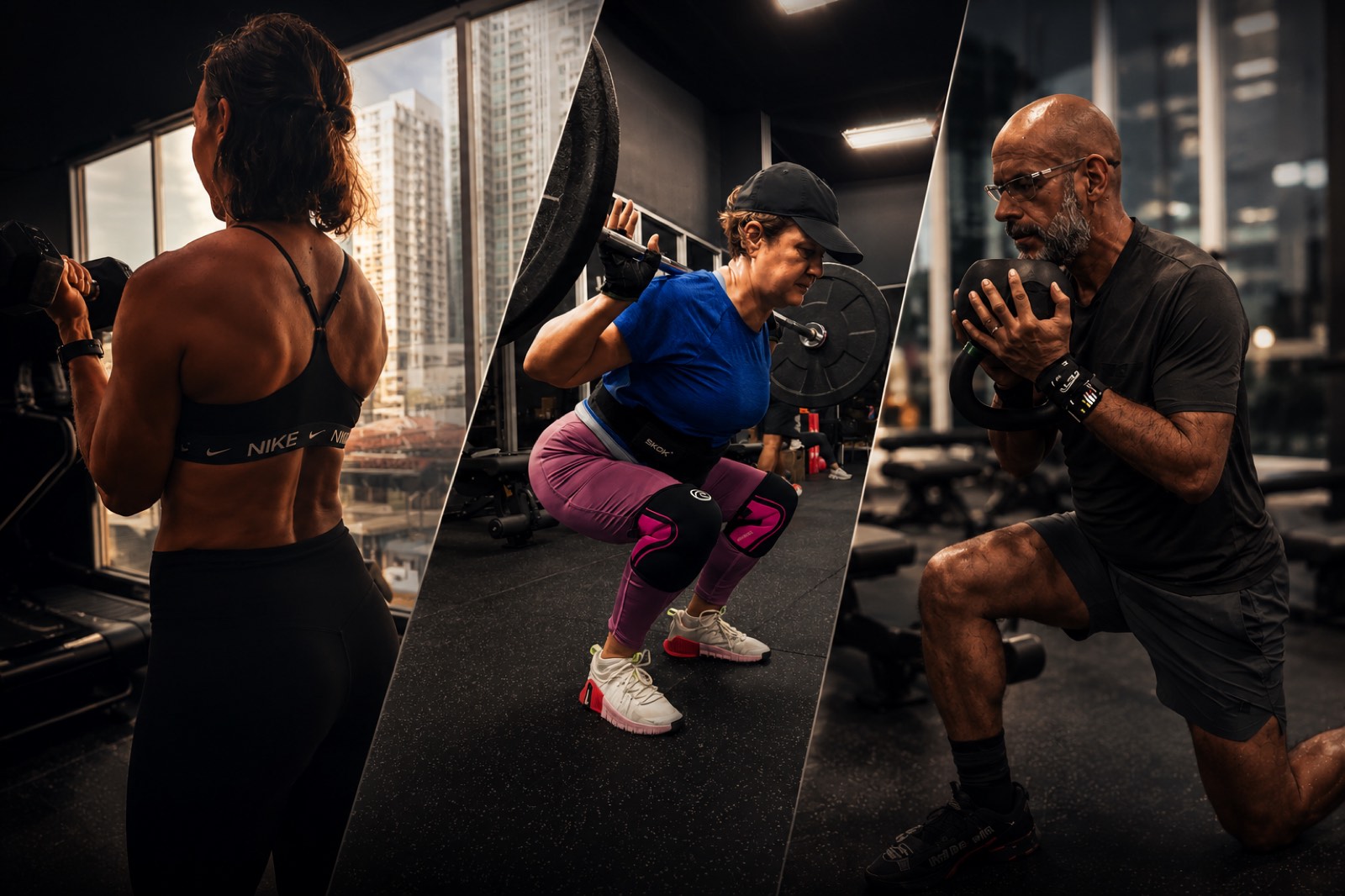 Tres alumnos de NEXO entrenando fuerza en distintas etapas: mancuernas, sentadilla con barra y zancada con kettlebell
